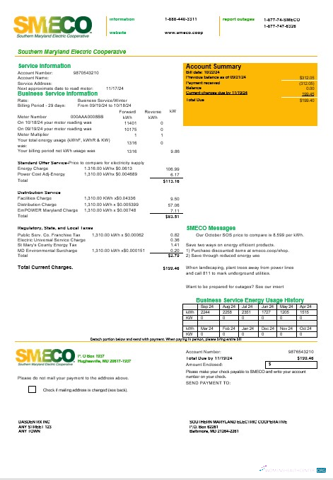 Download USA Maryland SMECO business utility bill template in Word and PDF formats Photoshop template